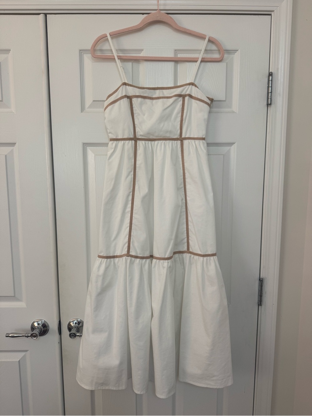 White Midi Spaghetti-Strap Dress with Tan Contrast Piping